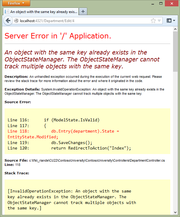 Screenshot that shows the Department Edit page with an object state manager error message.
