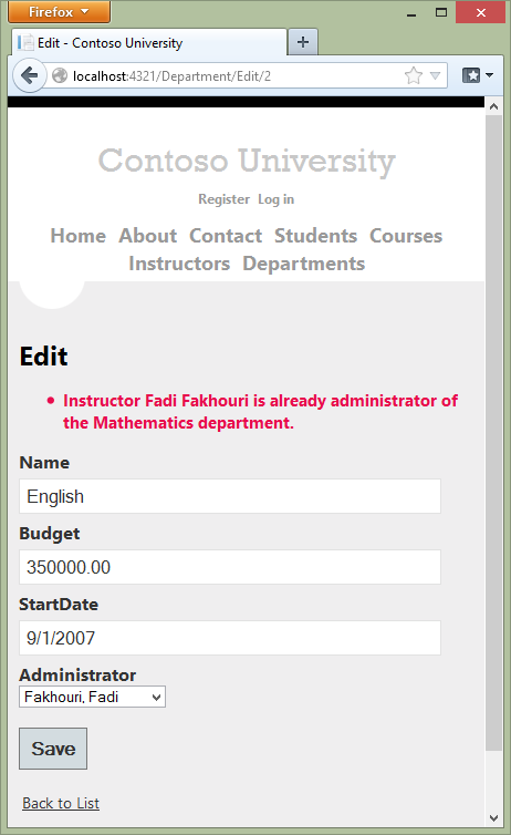 Screenshot that shows the Contoso University Department Edit page with a duplicate administrator error message.