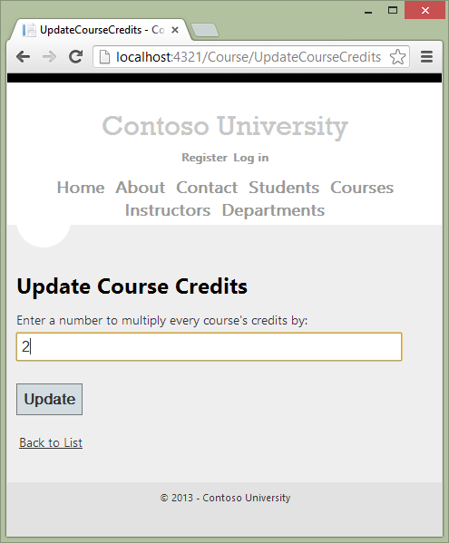 Screenshot that shows the Update Course Credits initial page. The number 2 is entered in the text field.