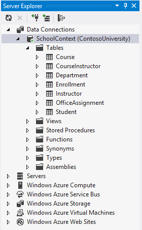 Screenshot that shows the Server Explorer database. The Tables node is expanded.