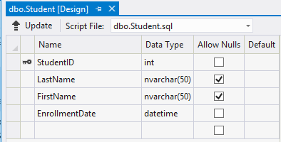 Screenshot that shows the Student table in Server Explorer.