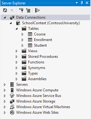 Screenshot that shows the Server Explorer page. The School Context and Tables tabs are expanded.