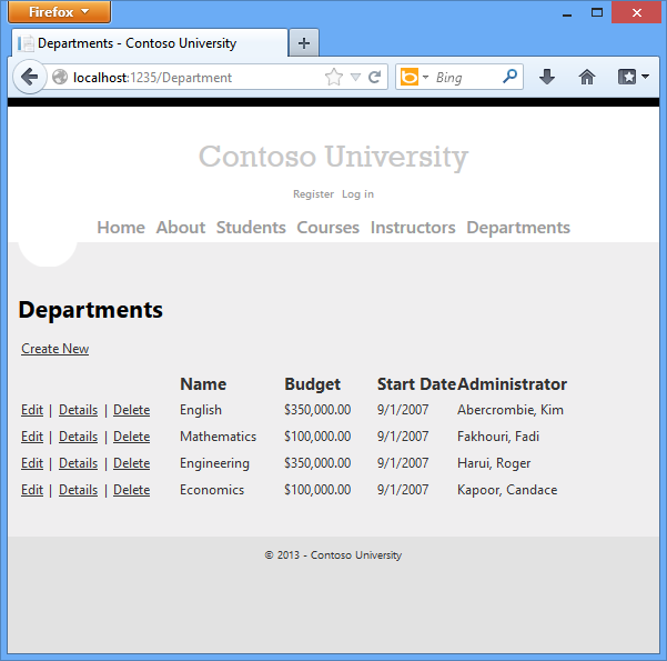 Screenshot shows the Contoso University Departments page.