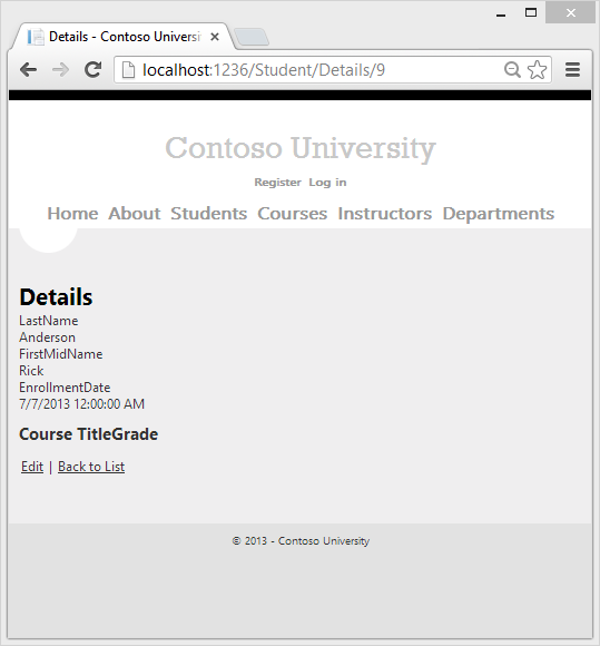Screenshot showing the Contoso University Student Details page.
