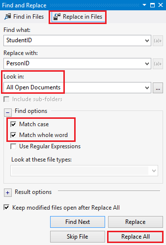 Screenshot that shows the Find and Replace window. Replace in Files, All Open Documents, Match case and Match whole word checkboxes, and Replace All button are highlighted.
