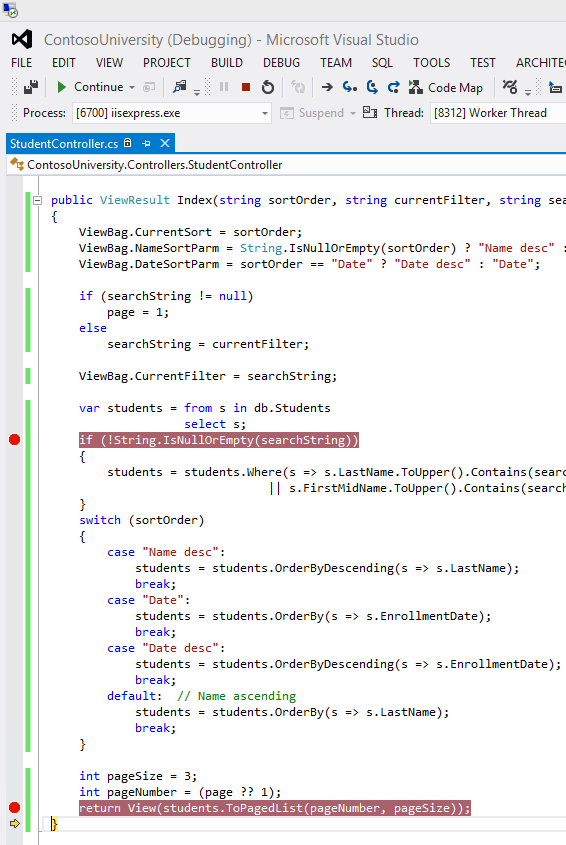 Screenshot that shows the Student Controller code. A search string row of code and the To Paged List row of code are highlighted.