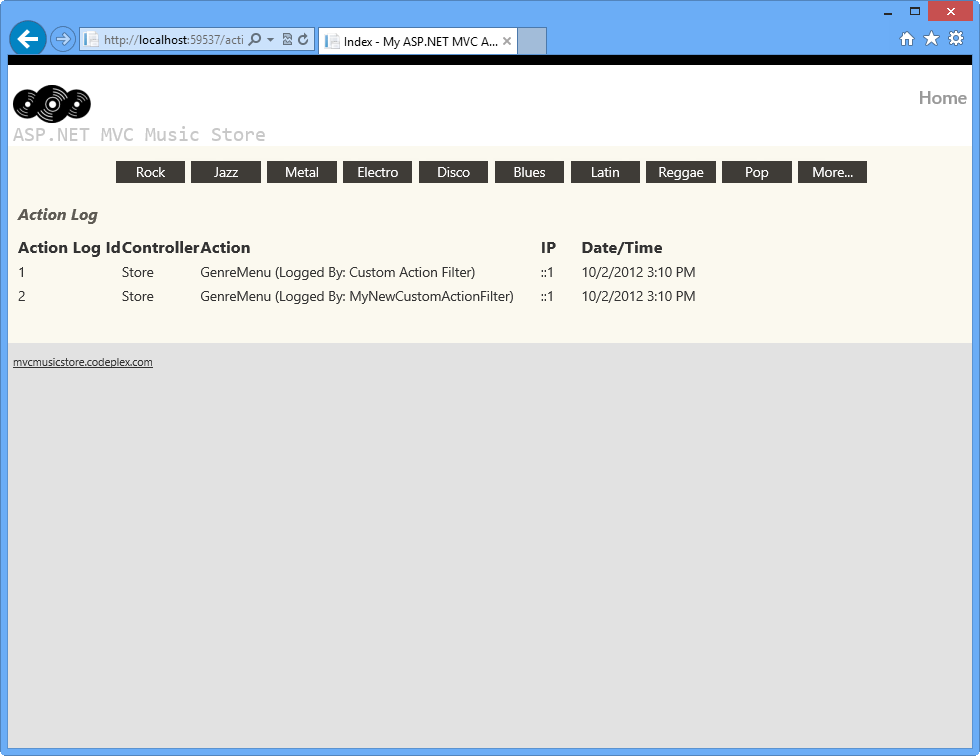 Screenshot shows the Action Log before page activity.