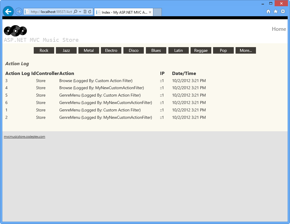 Screenshot shows the Action Log with activity ordered by CustomActionFilter.