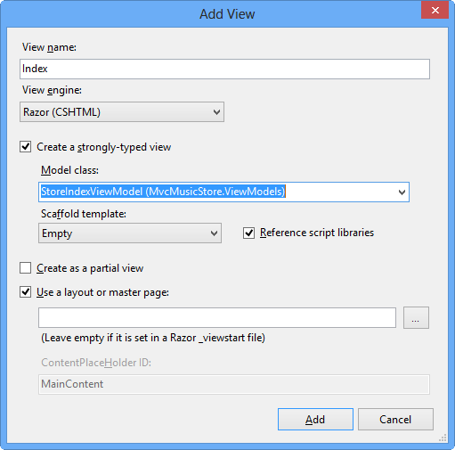 Screenshot of the Add View Dialog box, showing the options available and the selection to create a strongly-typed-view model class.