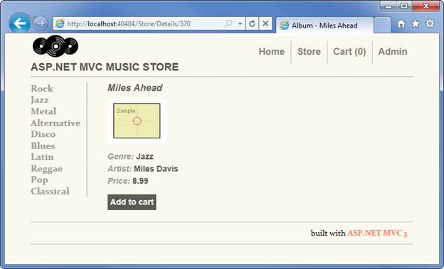 Screenshot of the album selection window, showing the album's name, genre, artist, and price, with an option to add to cart.