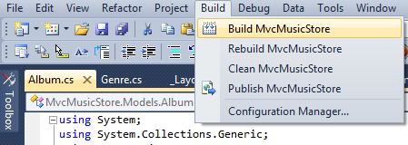 Screenshot of the music store document editor, with the 'build' tab selected in the drop-down menu, highlighting the 'build M V C music store option.