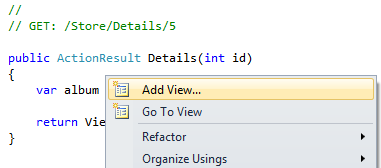 Screenshot of the view template menu, displaying over a code snippet, and highlighting the 'add view' option.