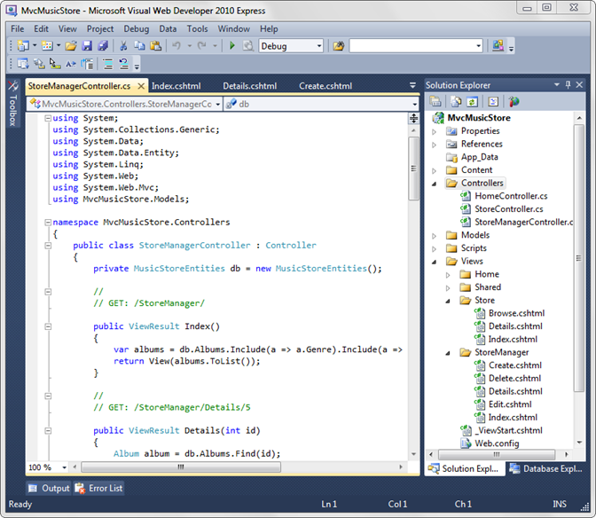 Screenshot of the Store Manager Controller window opened in Microsoft Visual Web Developer 2010 Express after creation.