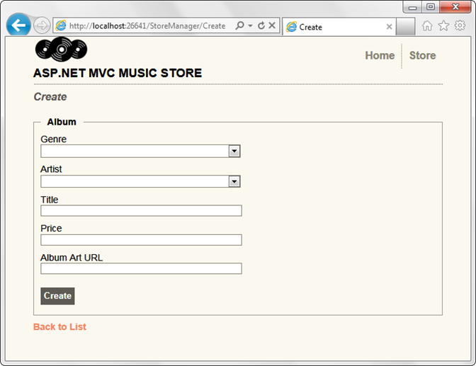 Screenshot of the Create form showing the Genre and Artist dropdowns and the Title, Price, and Album Art U R L fields.