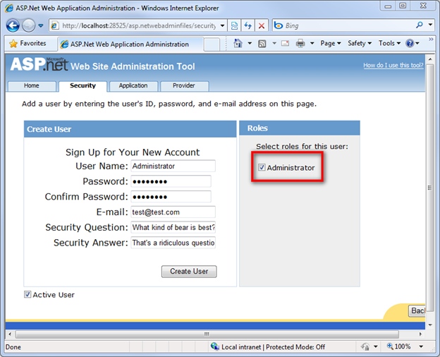 Screenshot of the configuration website showing the Roles section with the Administrator role checkbox ticked and highlighted with a red rectangle.