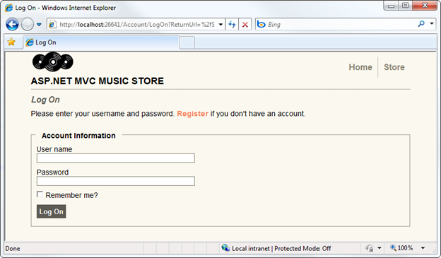 Screenshot of the music store web page showing the log on dialog with username and password text fields.