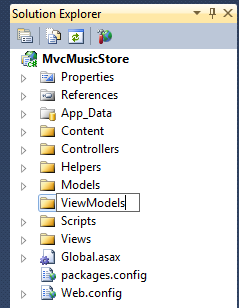 Screenshot of the Solution Explorer showing the newly created and newly named folder, View Models, highlighted with a black box.
