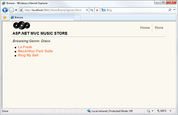Screenshot of the Music Store window showing the list of albums associated with the Disco genre in the album database.