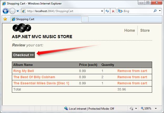 Screenshot of the Music Store window showing the checkout view with the Checkout button highlighted by a red arrow.