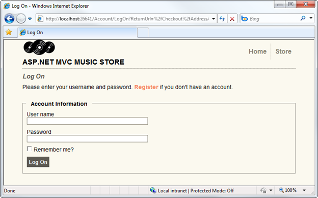 Screenshot of the Music Store window showing the log on view with User name and Password fields.