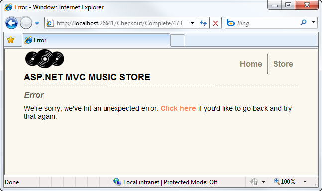 Screenshot of the Music Store window showing the error view when the user attempts to view another person's order or a fictitious order.