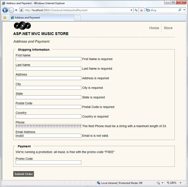 Screenshot of the Music Store window showing the address and payment view with a string of invalid information in the phone and email fields.