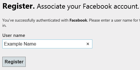 Screenshot shows a Register page where you can associate your Facebook account with this app.