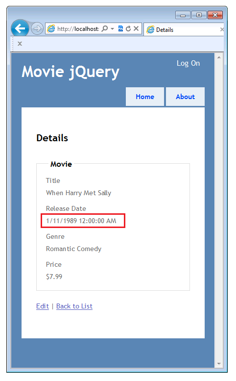 Screenshot of the Movie jQuery window showing the Details view with the Release Date property highlighted with a red rectangle.