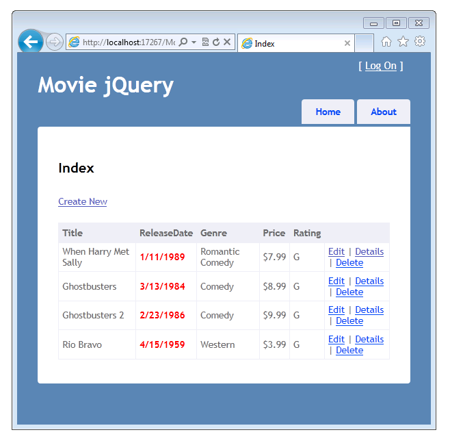Screenshot of the Movie jQuery window showing the Index view with a list of the movies entered into the database.