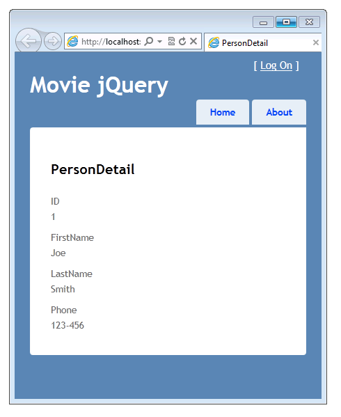 Screenshot of the Movie jQuery window showing the PersonDetail view and the ID, First Name, Last Name, and Phone fields.