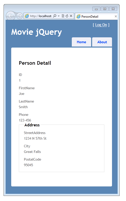 Screenshot of the Movie jQuery window showing the Person Detail view with a new Address box around the Street Address, City, and Postal Code fields.