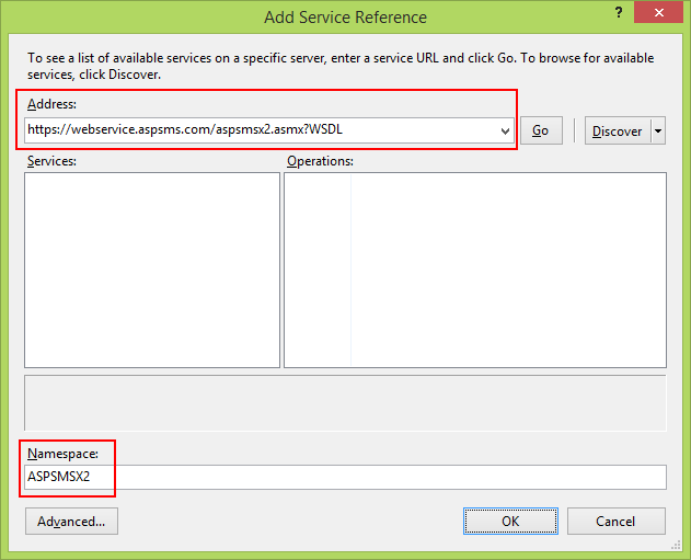 Screenshot that shows the Add Service Reference window. The Address and Namespace input bars are highlighted.