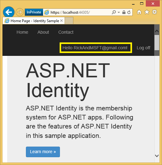 Screenshot that shows the A S P dot NET app Home page. A Sample USER I D is highlighted.