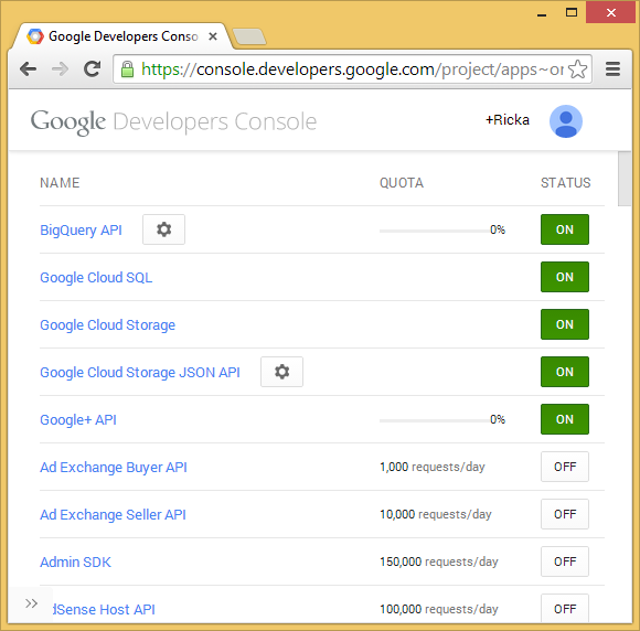 Screenshot that shows the Google Developers Console page listing enabled A P I's. A P I's show as enabled when a green ON button appears next to it.