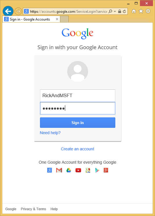 Screenshot that shows a Google Accounts sign in page. Sample credentials are entered in the text fields.