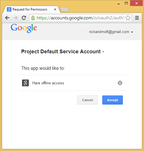 Screenshot that shows the Google Accounts Request for Permission page, prompting the user to either cancel or accept offline access to the web application.