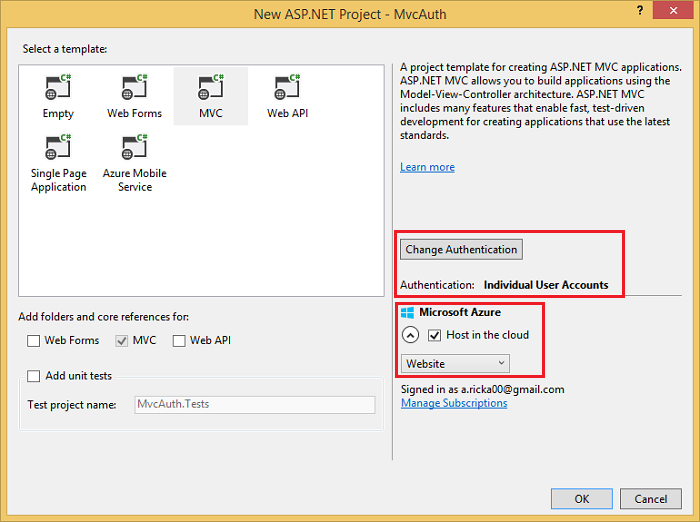 Screenshot that shows the New A S P dot NET Project dialog box. The Change Authentication button and Host in the cloud checkbox are highlighted.