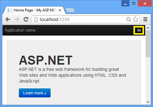 Screenshot that shows the My A S P dot NET Home page. The Navigation icon is highlighted.