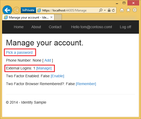 Screenshot that shows the My A S P dot Net Manage your account page. The Pick a password and External Logins lines are highlighted.