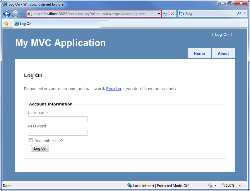 Screenshot that shows the My M V C Application Log On page. The title bar is highlighted and filled with the external return U R L.