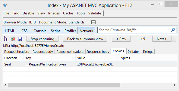 Screenshot that shows the My A S P dot NET M V C Application Index page. The Network tab is open.