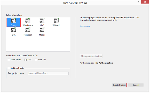 Screenshot of the New A S P dot NET Project screen with the Empty template being selected and the Create Project option being highlighted.