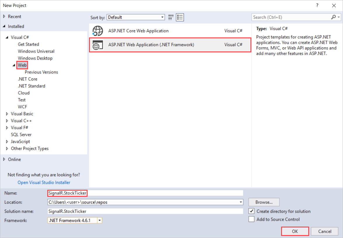 Screenshot showing how to create an ASP.NET Web Application.