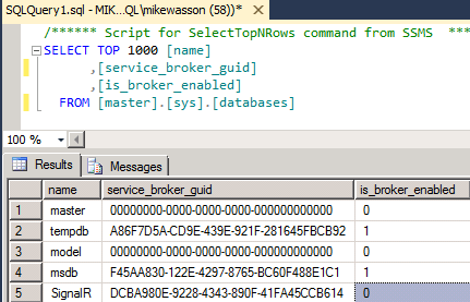 Screenshot of the S Q L Query 1 dot S Q L tab displayed in the Service Broker, showing the Results and Messages tabs.