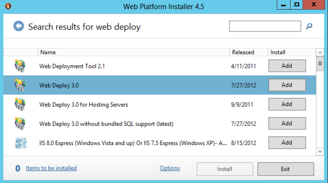 Screenshot of the Web Platform Installer 4 point 5 screen displaying search results with the Web Deploy 3 point 0 option being highlighted.