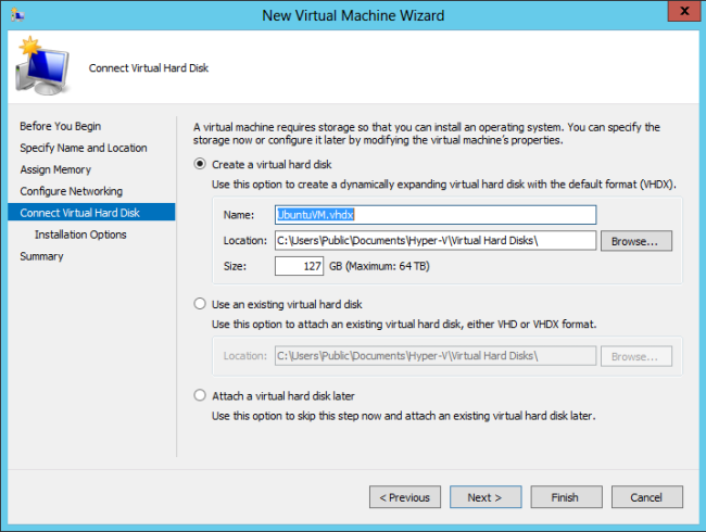 Screenshot that shows the New Virtual Machine Wizard dialog box. Connect Virtual Hard Disk and Create a virtual hard disk are selected.