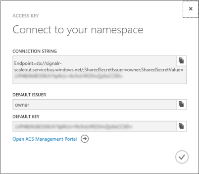 Screenshot that shows the Access Key Connect to your namespace dialog box.