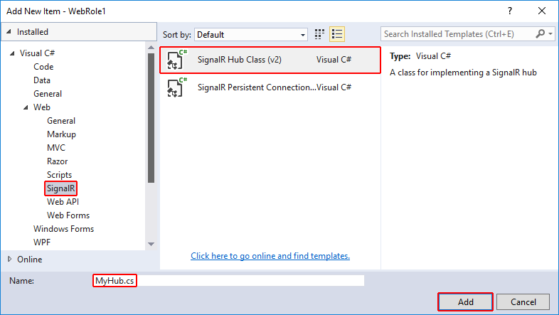 Adding SignalR Hub Class to the Hubs folder in the Add New Item dialog