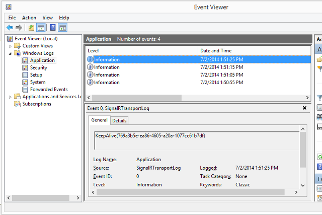 Event Viewer showing SignalR logs