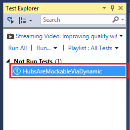 Screenshot showing HubsAreMockableViaDynamic selected in the Test Explorer window.